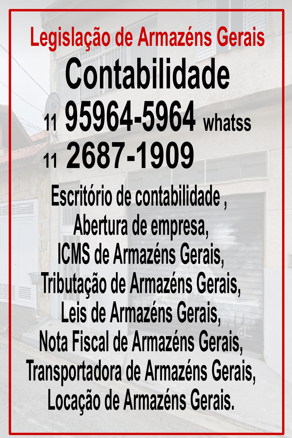 <p>Escritório de contabilidade - Toda documentação necessário para abertura, registro, matrícula, nota fiscal, legislação, tributação, leis, ICMS, locação , Transportadora de armazéns gerais.</p><p>#lei de armazenagem;</p><p>#legislação armazém geral;</p><p>#armazéns gerais;</p><p>#decreto nº 1.102, de 21 de novembro de 1903;</p><p>#normas para armazenamento de grãos;</p><p>#armazém geral pode comercializar.</p>