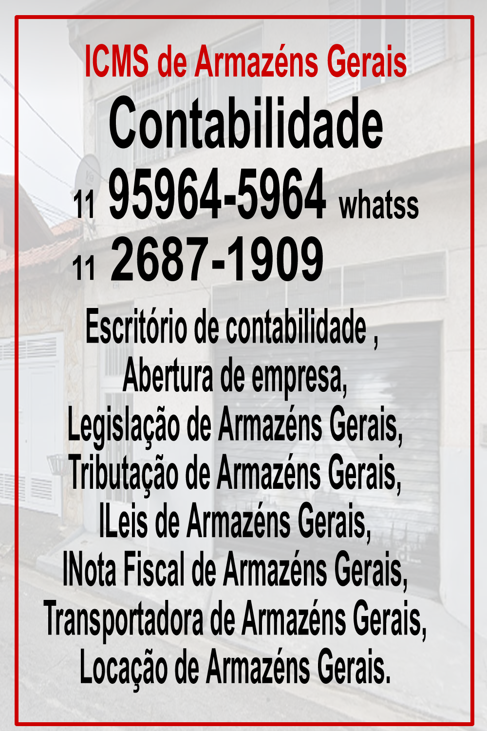 <p>ICMS de Armazéns Gerai: Escritório de contabilidade - Toda documentação necessário para abertura, registro, matrícula, nota fiscal, legislação, tributação, leis, ICMS, locação , Transportadora de armazéns gerais. </p>